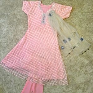 Frock style Indian suit with pants & net scarf